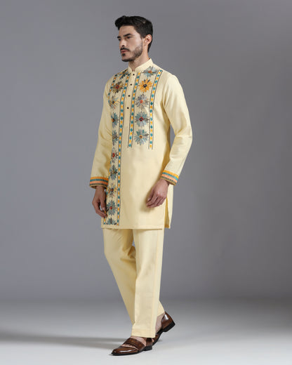 Butter Yellow Kurta Set with Multicolor Floral Accents