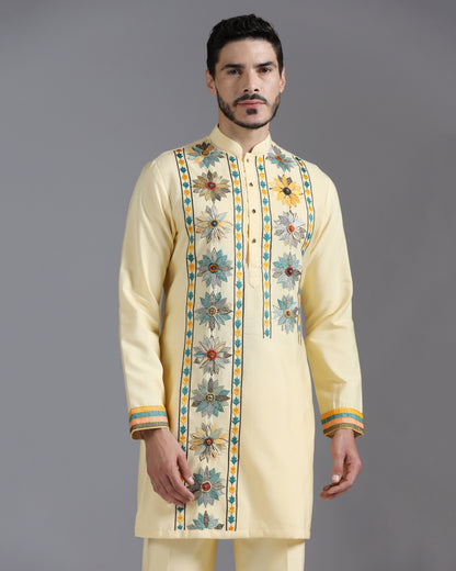 Butter Yellow Kurta Set with Multicolor Floral Accents