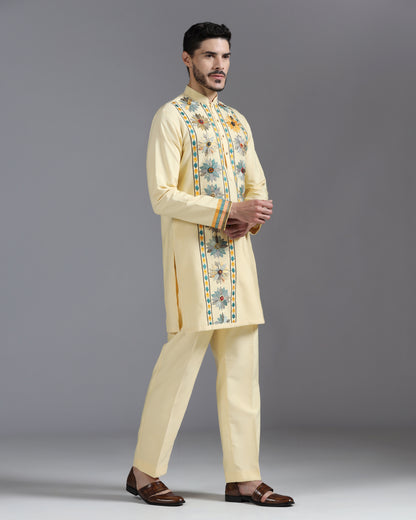 Butter Yellow Kurta Set with Multicolor Floral Accents