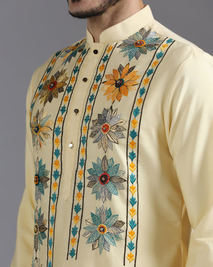 Butter Yellow Kurta Set with Multicolor Floral Accents