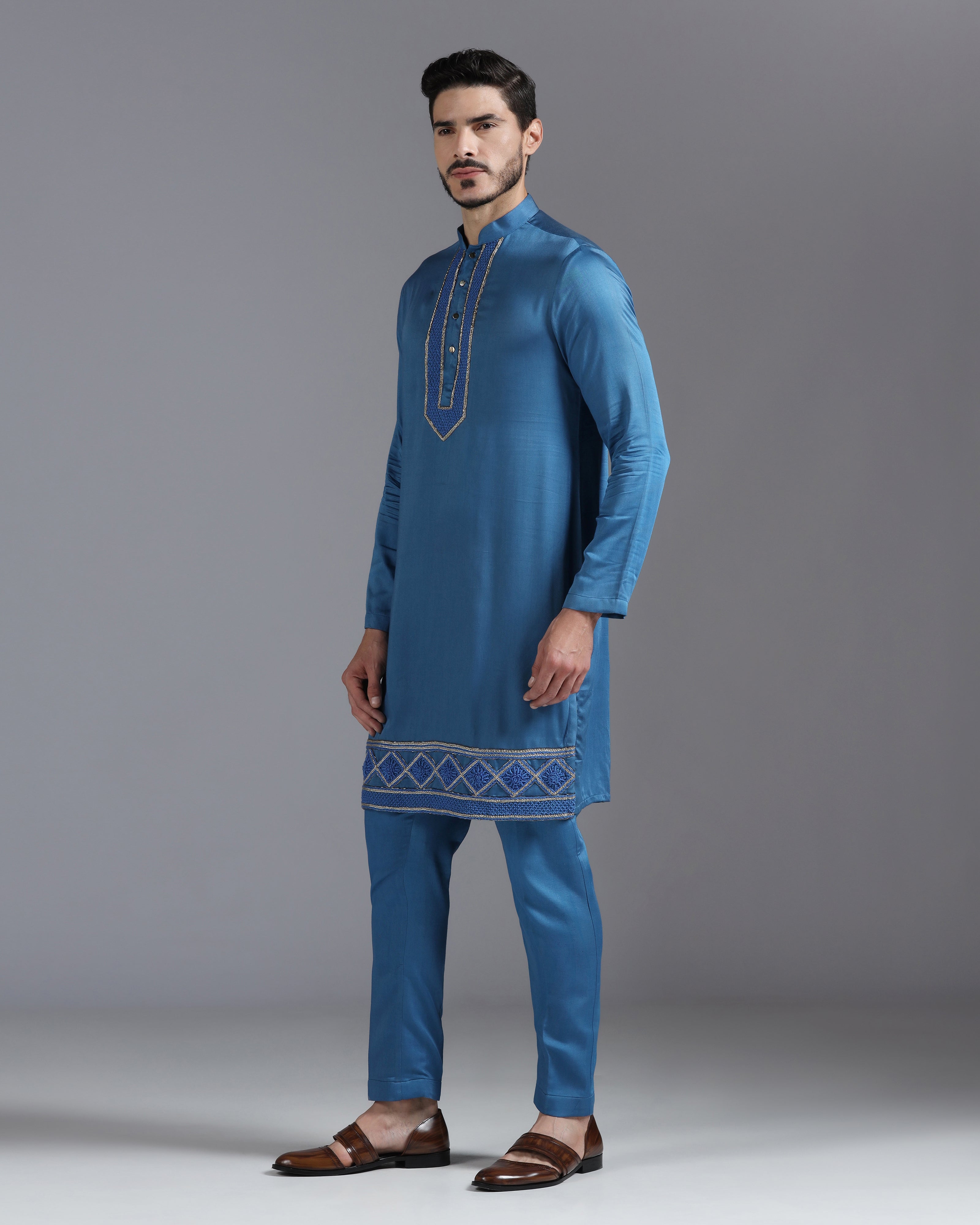 Royal Blue Kurta Set with Geometric Thread & Cutdana Embroidery