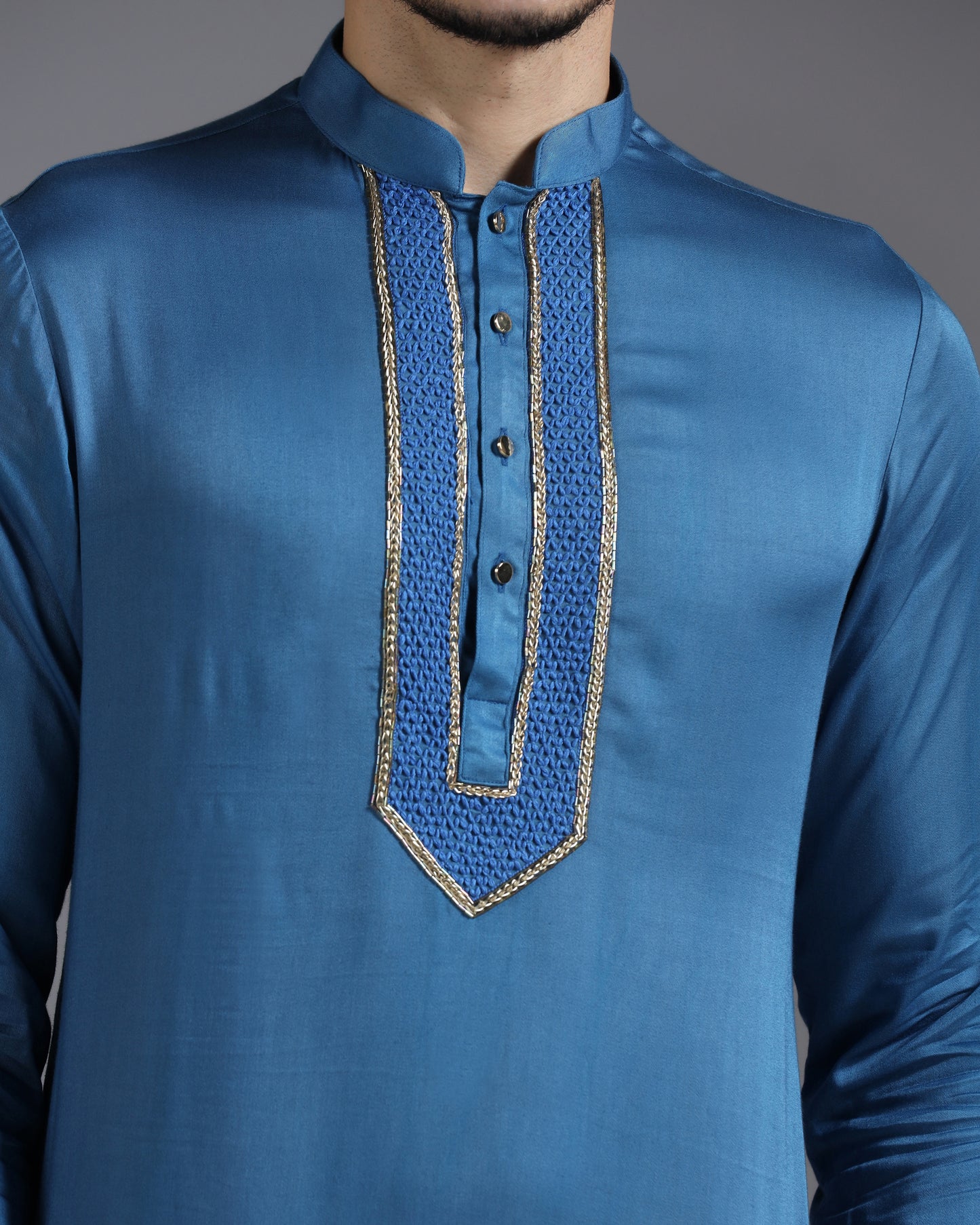 Royal Blue Kurta Set with Geometric Thread & Cutdana Embroidery