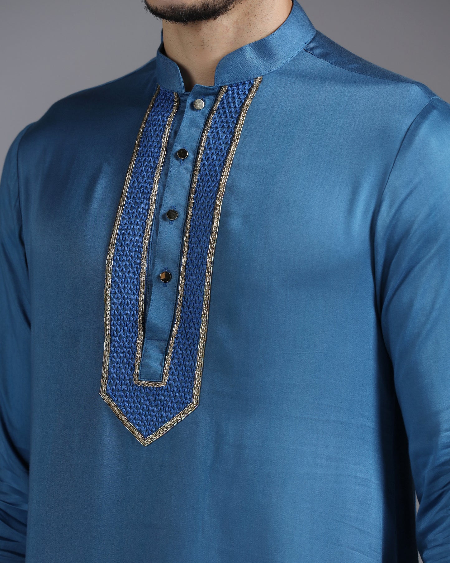 Royal Blue Kurta Set with Geometric Thread & Cutdana Embroidery