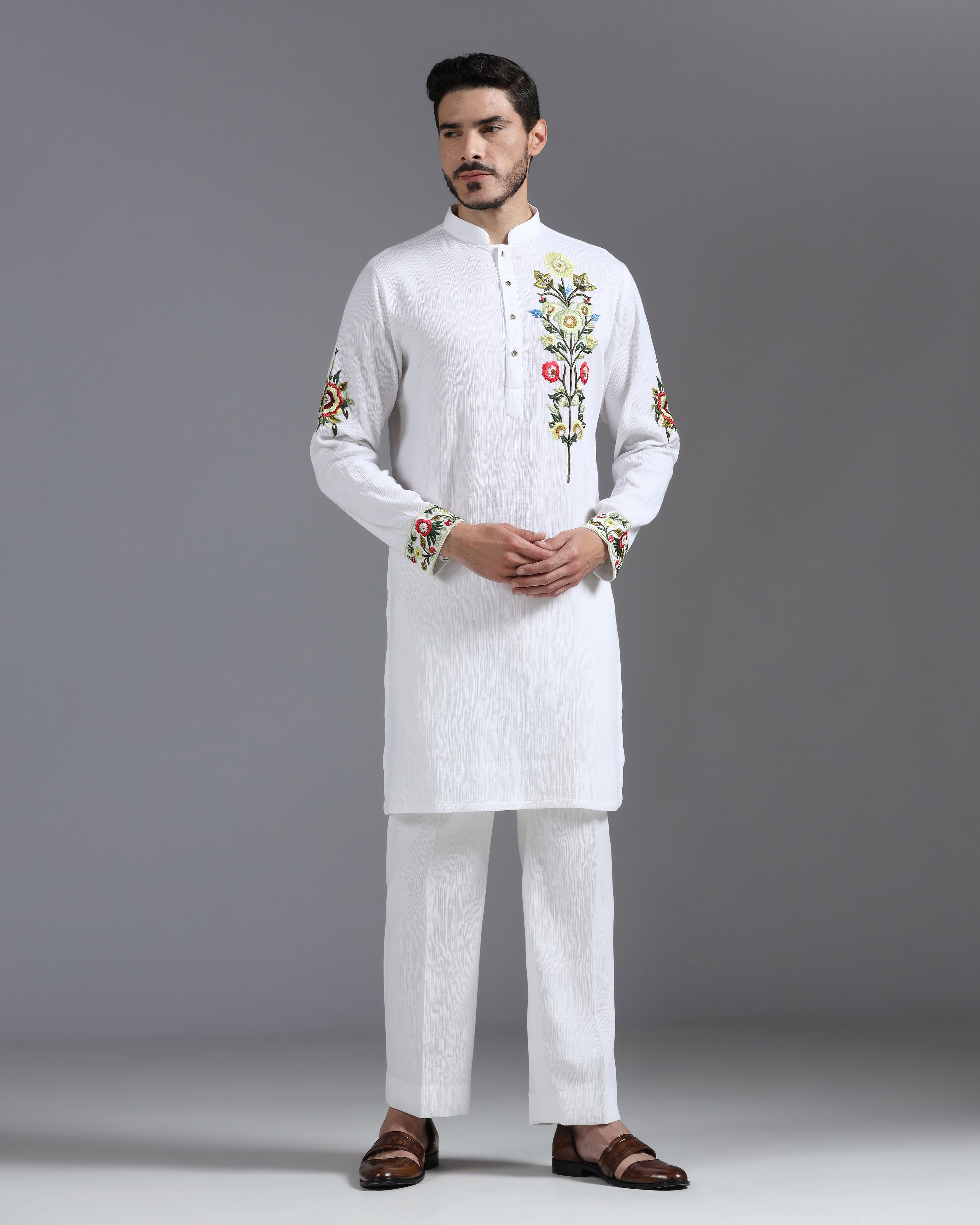 White Garden Bloom Kurta in Crinkle Cotton