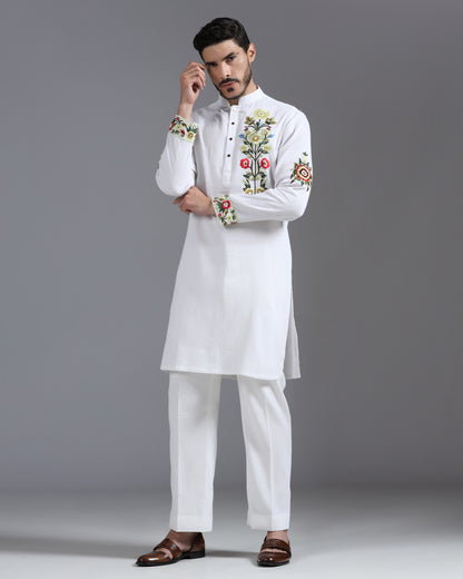 White Garden Bloom Kurta in Crinkle Cotton