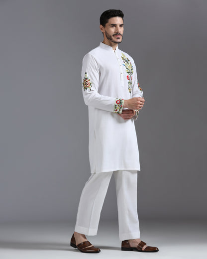 White Garden Bloom Kurta in Crinkle Cotton