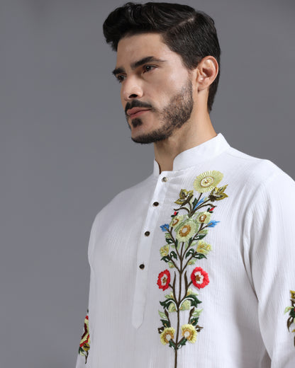 White Garden Bloom Kurta in Crinkle Cotton