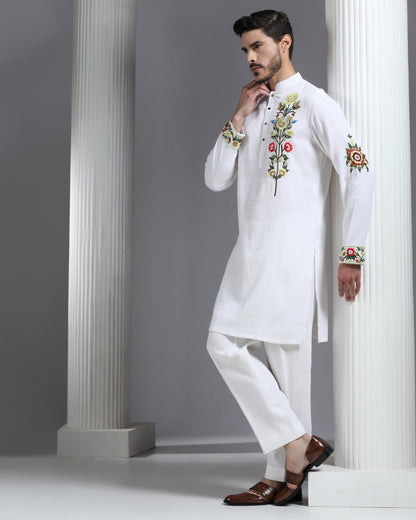 White Garden Bloom Kurta in Crinkle Cotton