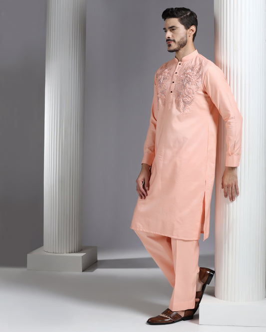 Peach silk kurta with tone-on-tone floral hand embroidery | Bhavya Bhasin Couture