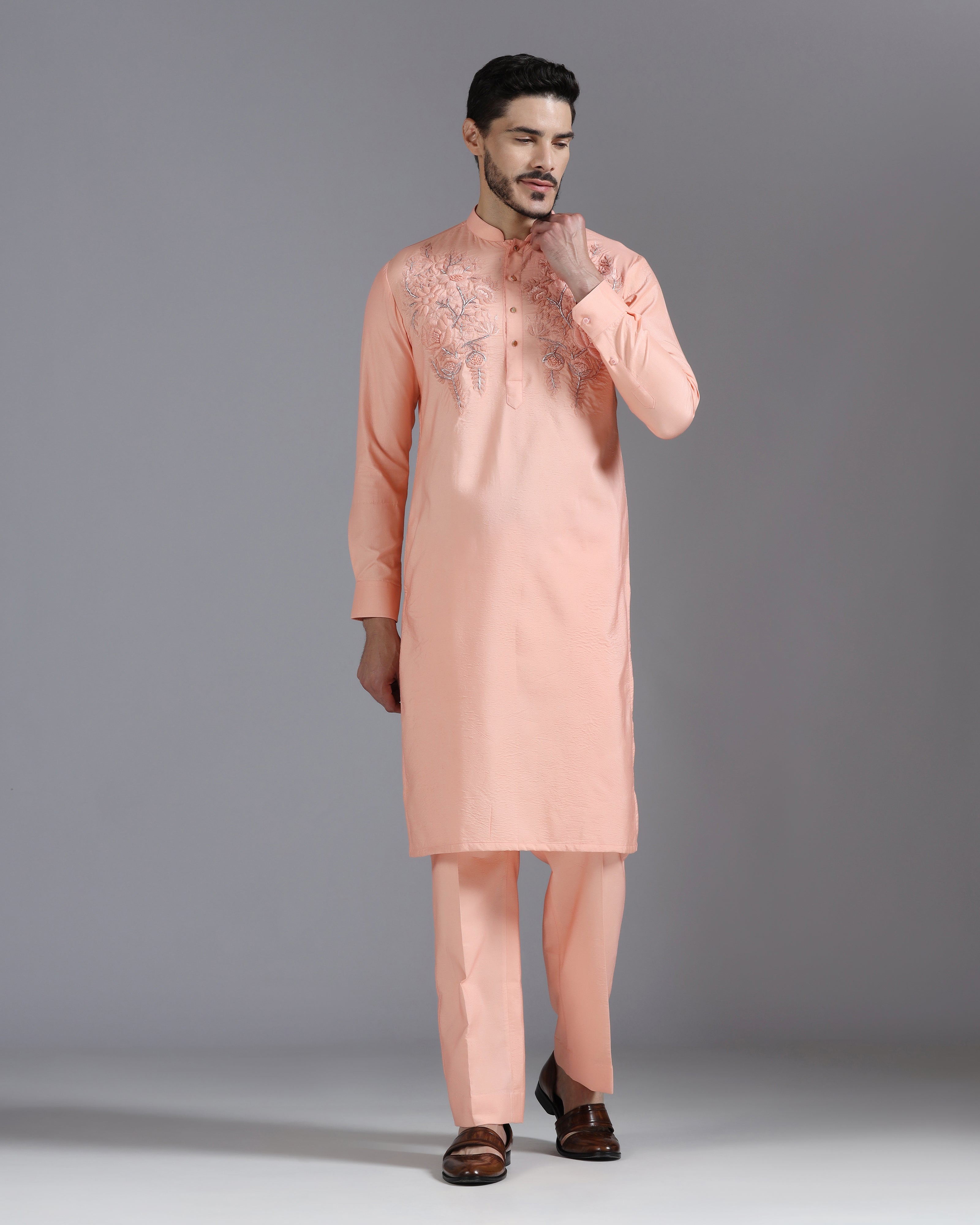 Peach Silk Kurta with Delicate Tone-on-Tone Floral Hand Embroidery