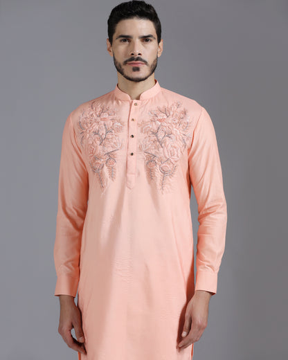 Peach Silk Kurta with Delicate Tone-on-Tone Floral Hand Embroidery