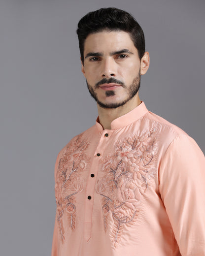 Peach Silk Kurta with Delicate Tone-on-Tone Floral Hand Embroidery