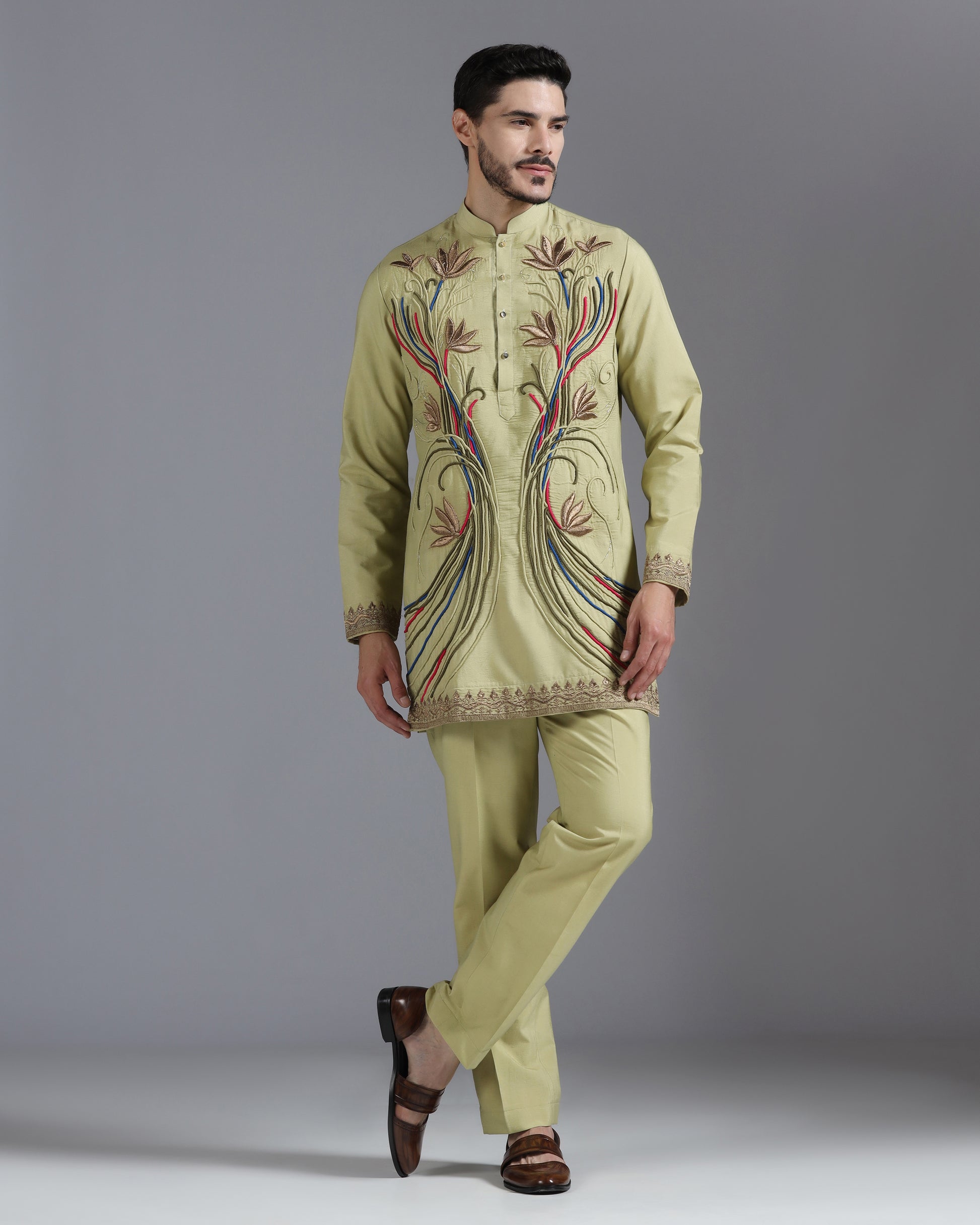 Olive kurta set with multicolour hand embroidery | Bhavya Bhasin Couture