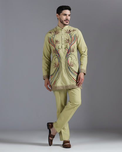 Olive kurta set with multicolour hand embroidery | Bhavya Bhasin Couture