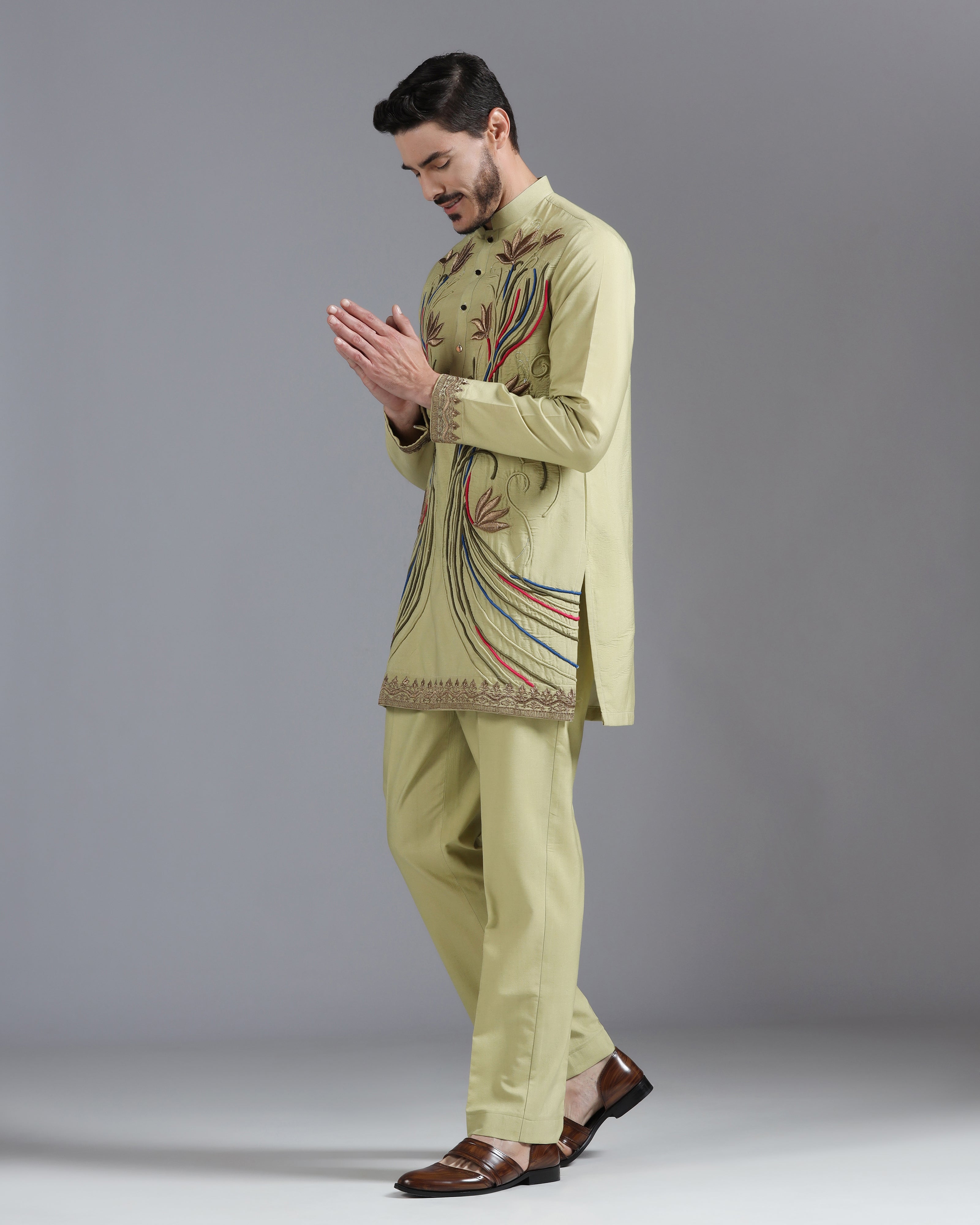 Olive Kurta Set with Multicolour Hand Embroidery