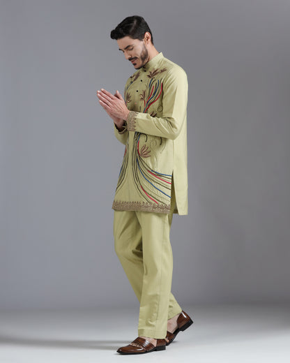 Olive Kurta Set with Multicolour Hand Embroidery