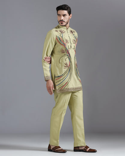 Olive Kurta Set with Multicolour Hand Embroidery