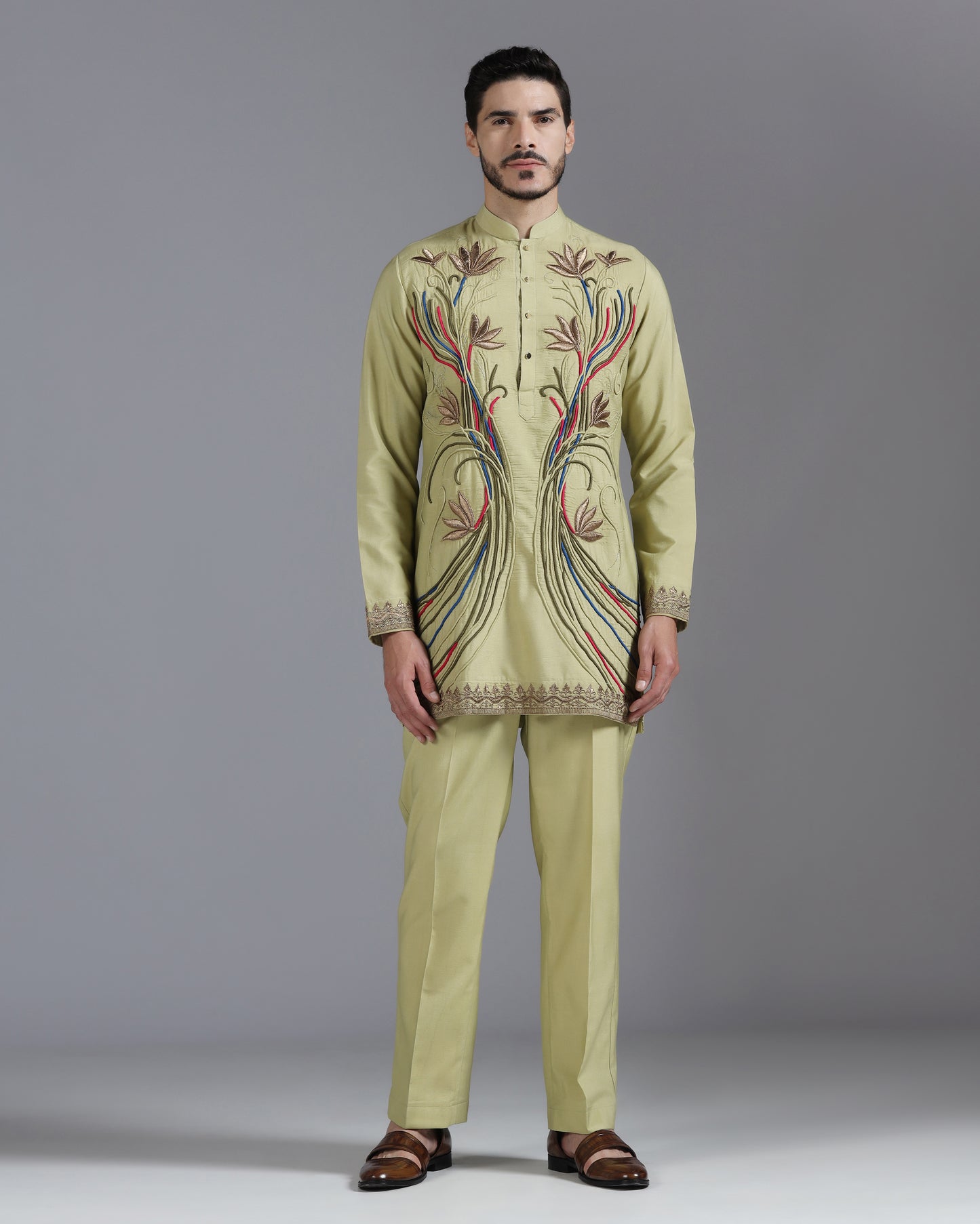 Olive Kurta Set with Multicolour Hand Embroidery