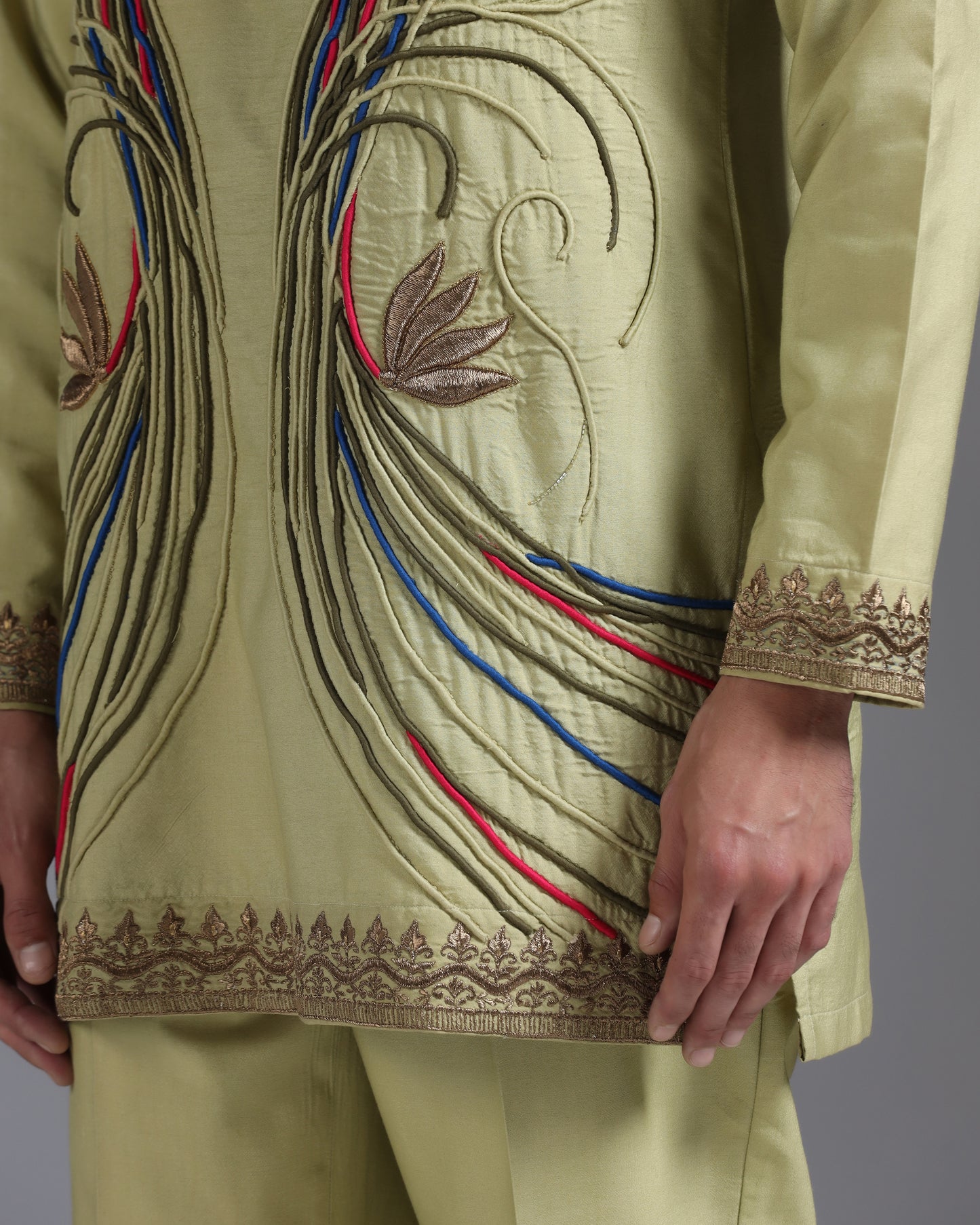 Olive Kurta Set with Multicolour Hand Embroidery