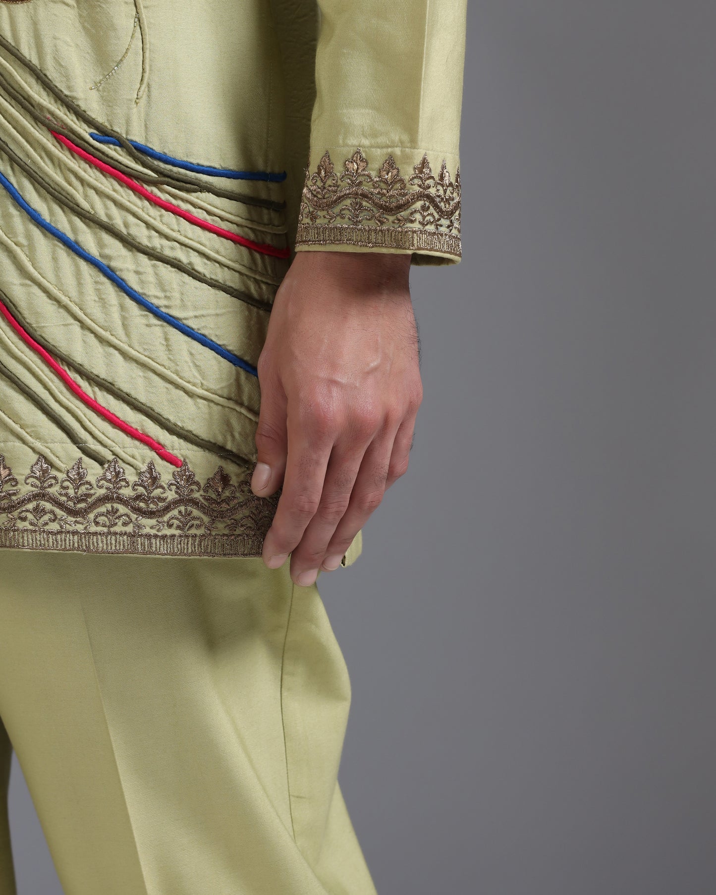Olive Kurta Set with Multicolour Hand Embroidery
