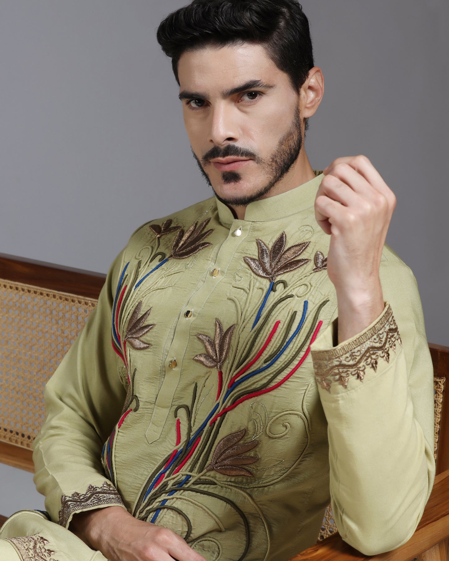 Olive Kurta Set with Multicolour Hand Embroidery
