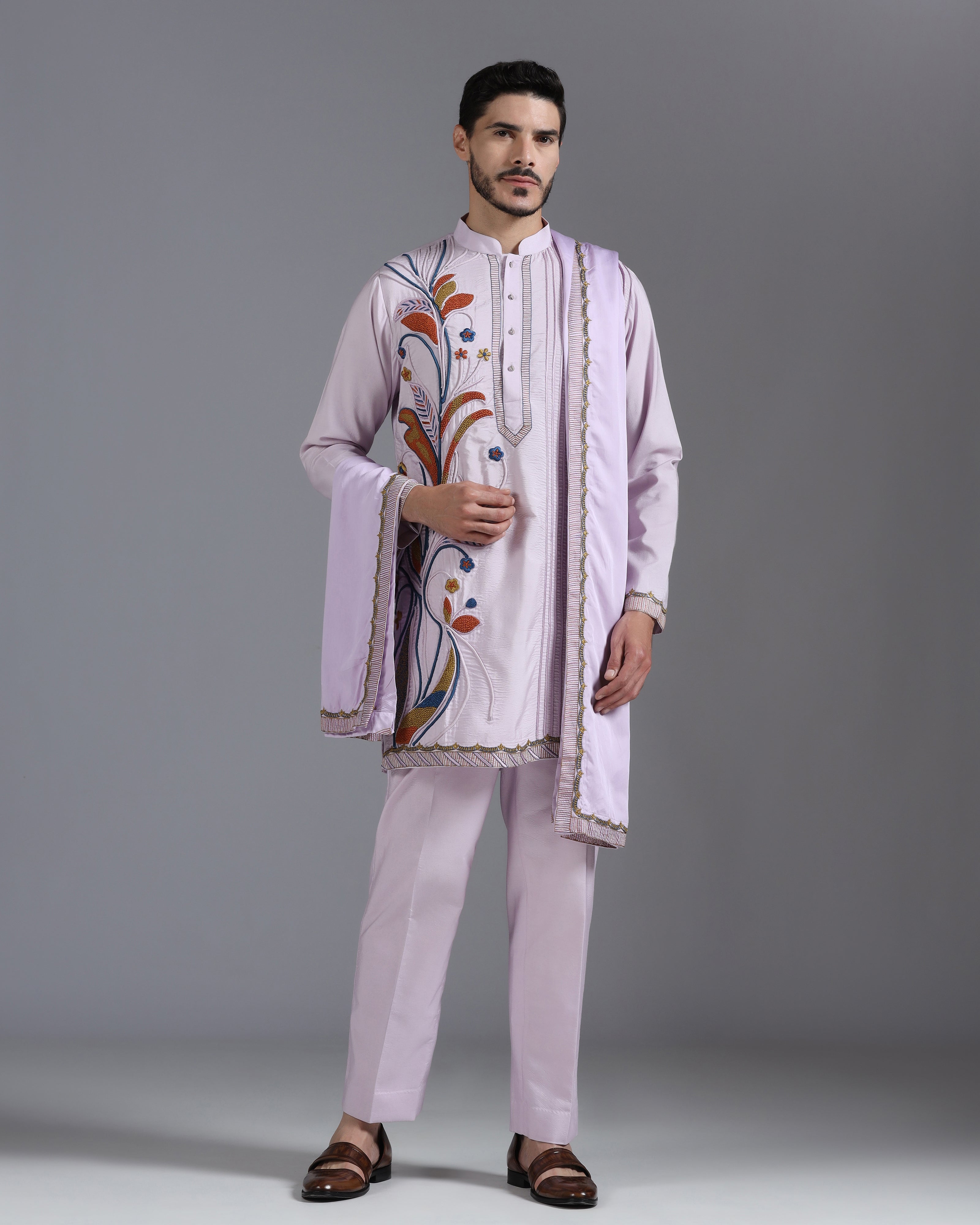 Lilac Hand-Embroidered Kurta Set with Dupatta