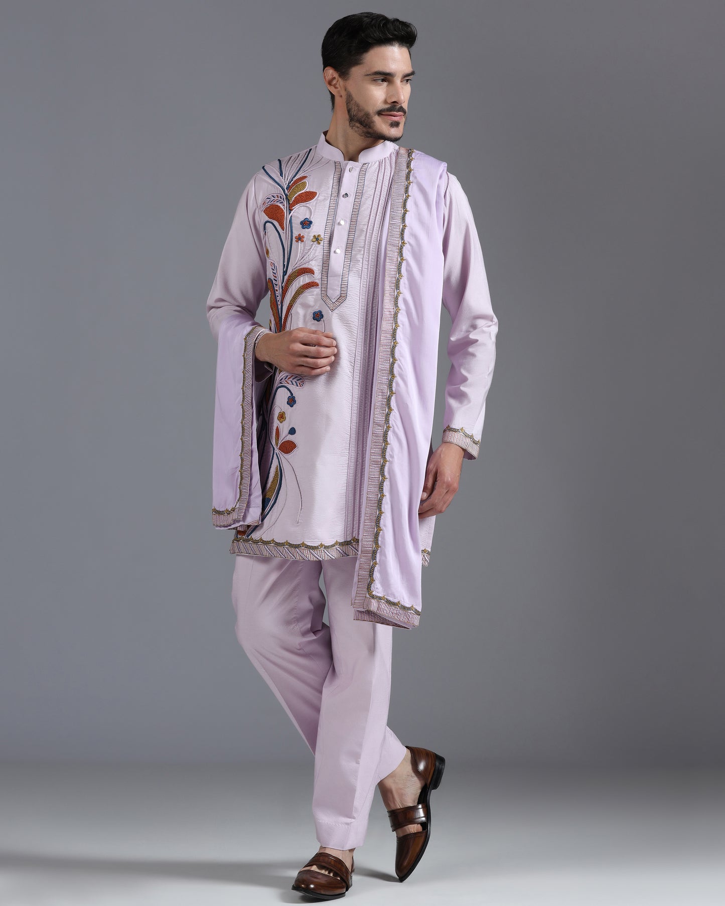 Lilac Hand-Embroidered Kurta Set with Dupatta
