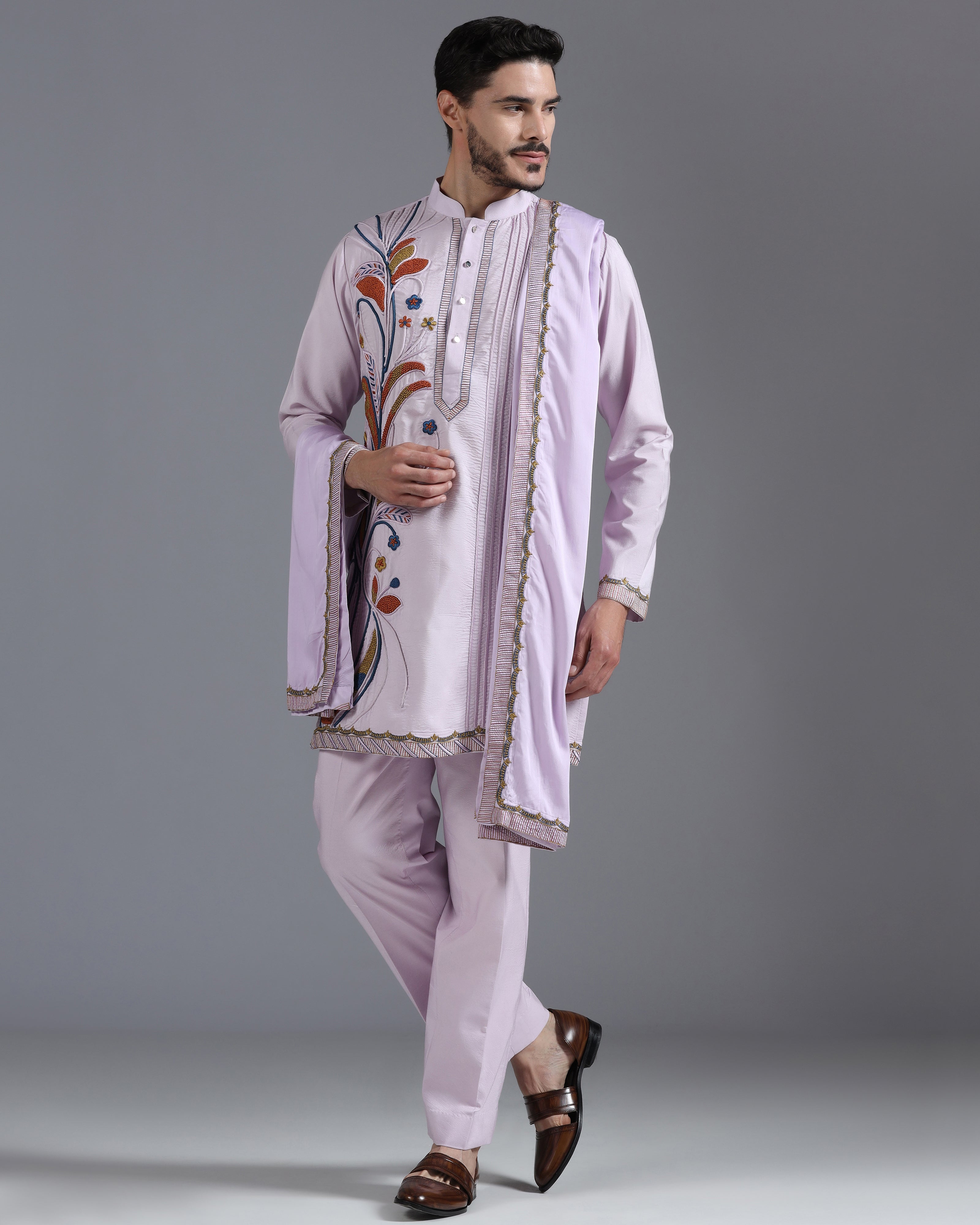 Lilac Hand-Embroidered Kurta Set with Dupatta