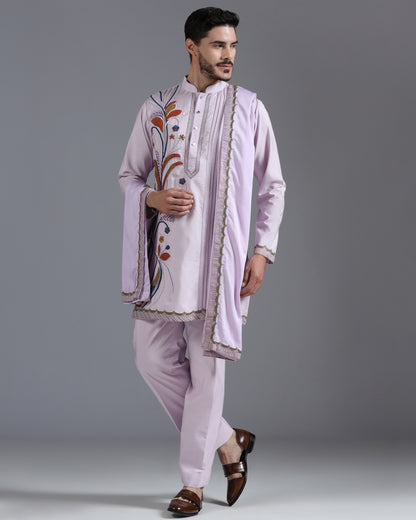 Lilac Hand-Embroidered Kurta Set with Dupatta