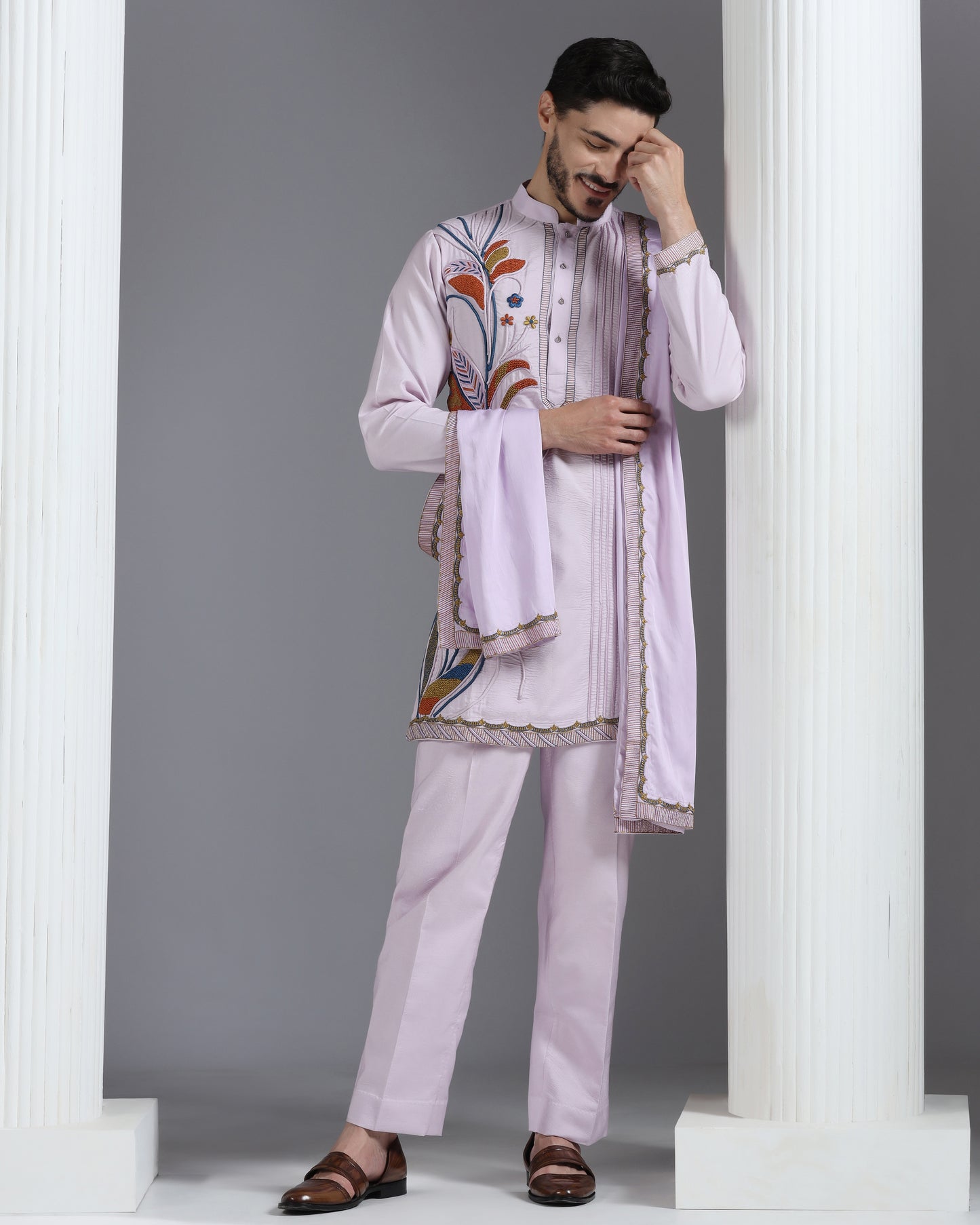 Lilac Hand-Embroidered Kurta Set with Dupatta