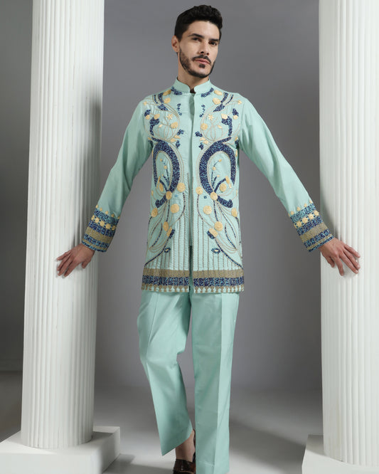 Elysian Bloom Embroidered Kurta Set – Mint Green