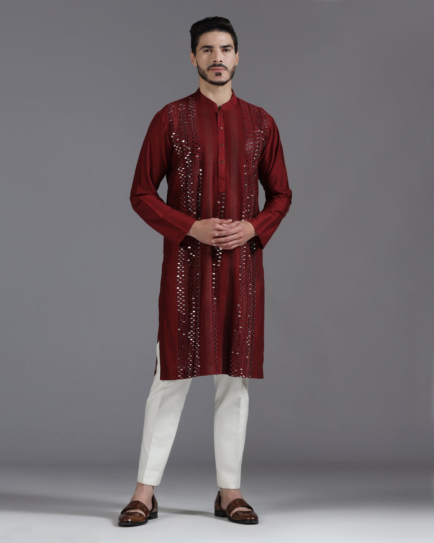 Aariz Mirror Embroidered Kurta Set – Maroon