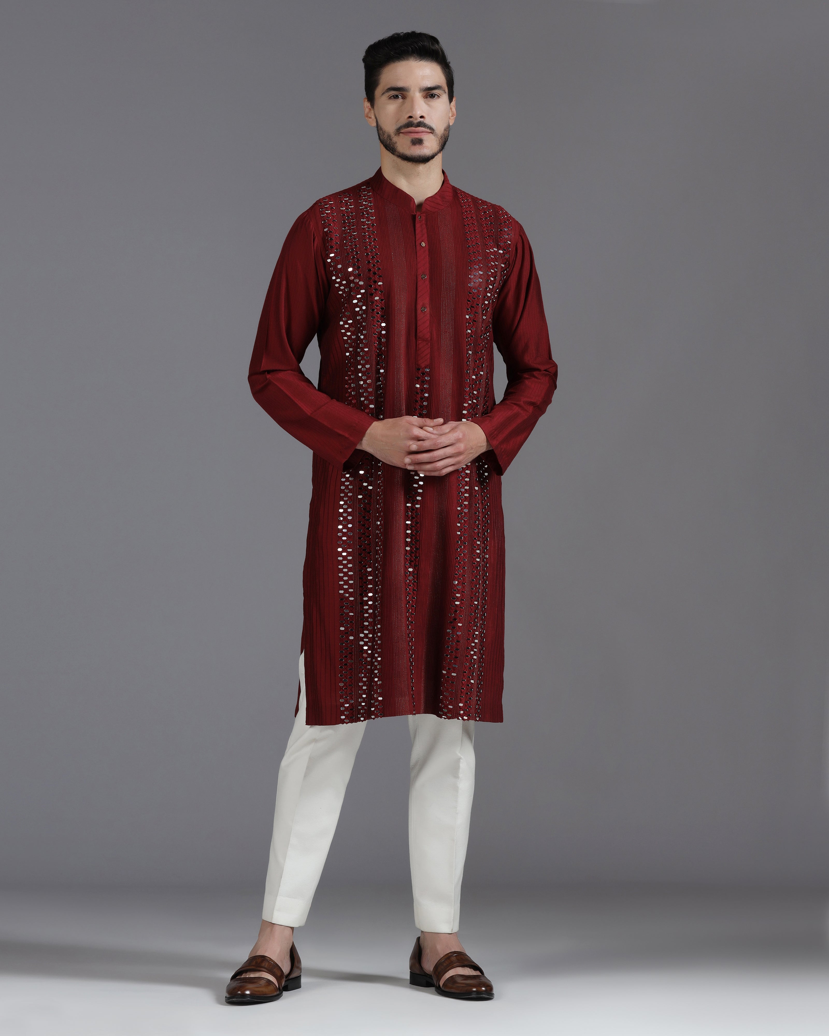 Aariz Mirror Embroidered Kurta Set – Maroon