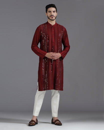 Aariz Mirror Embroidered Kurta Set – Maroon