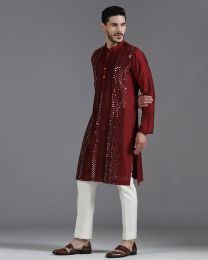 Aariz Mirror Embroidered Kurta Set – Maroon
