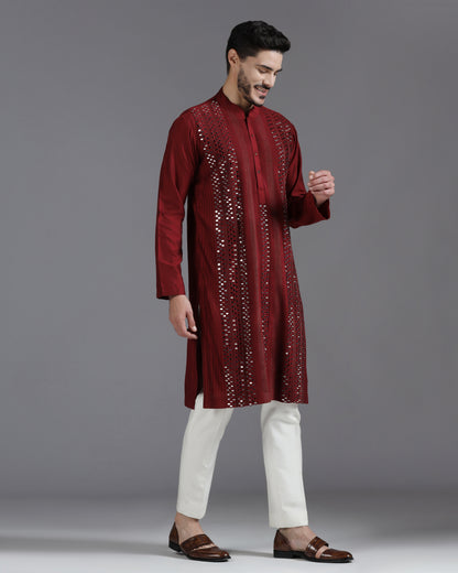 Aariz Mirror Embroidered Kurta Set – Maroon