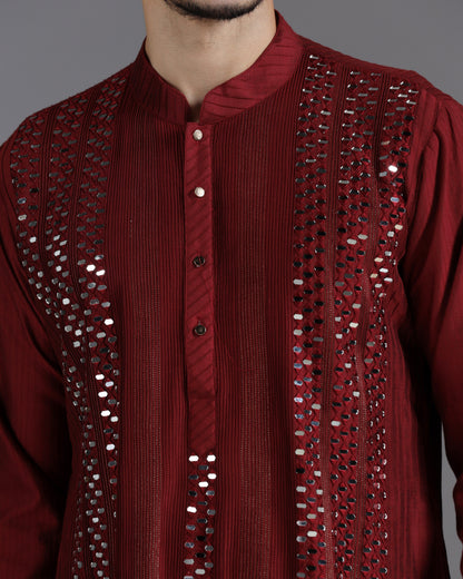 Aariz Mirror Embroidered Kurta Set – Maroon
