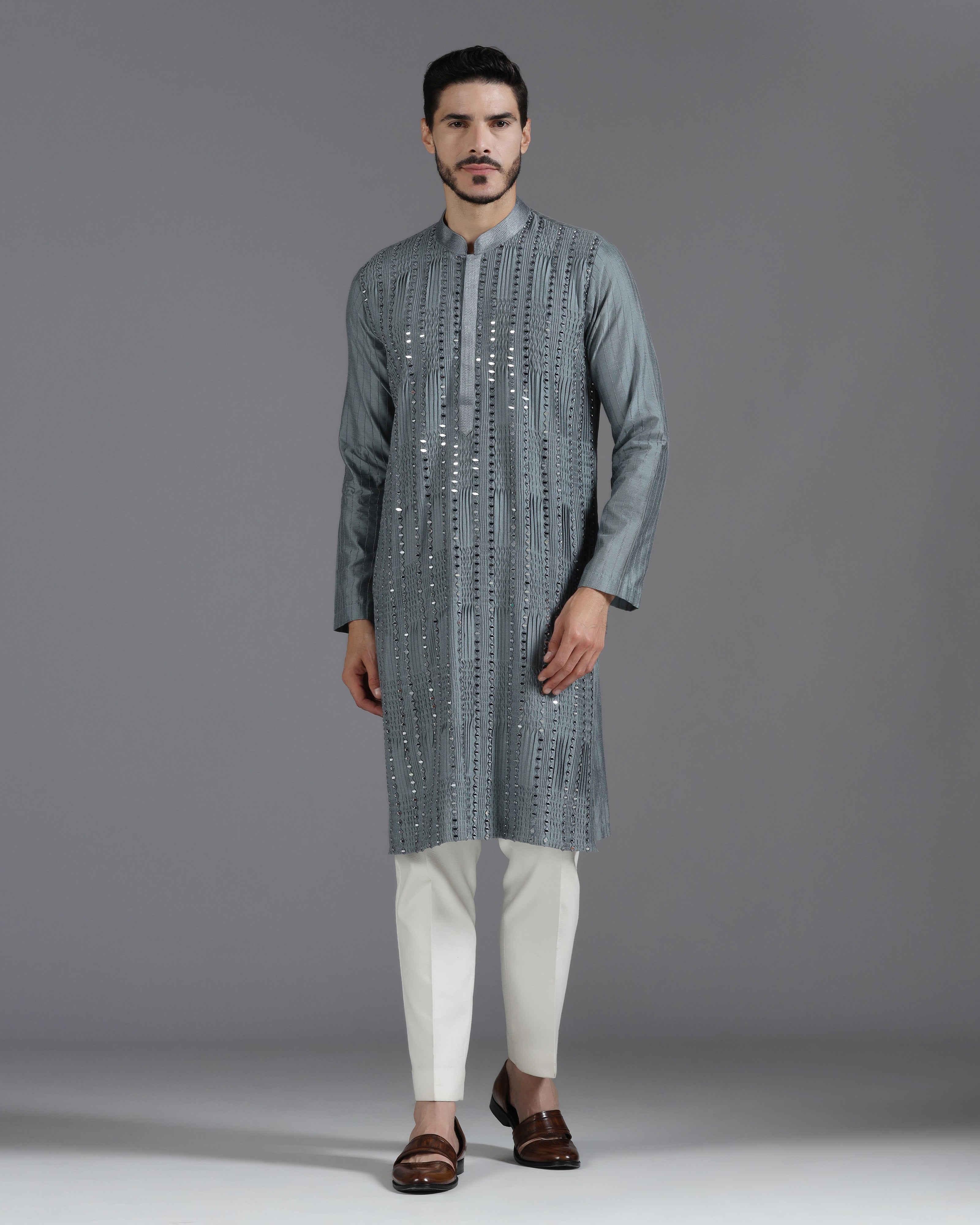 Grey Mirror Work Kurta Set