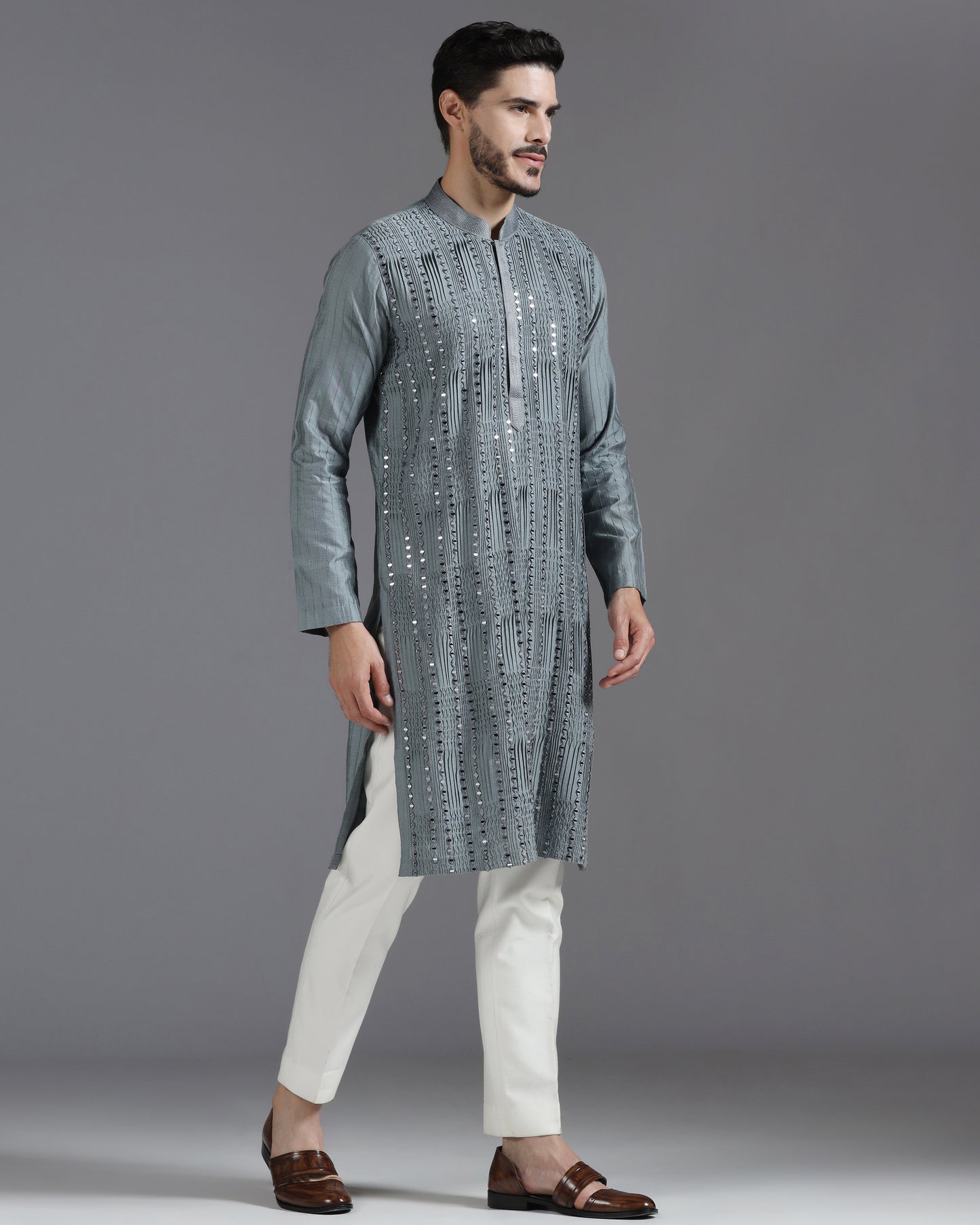 Grey Mirror Work Kurta Set