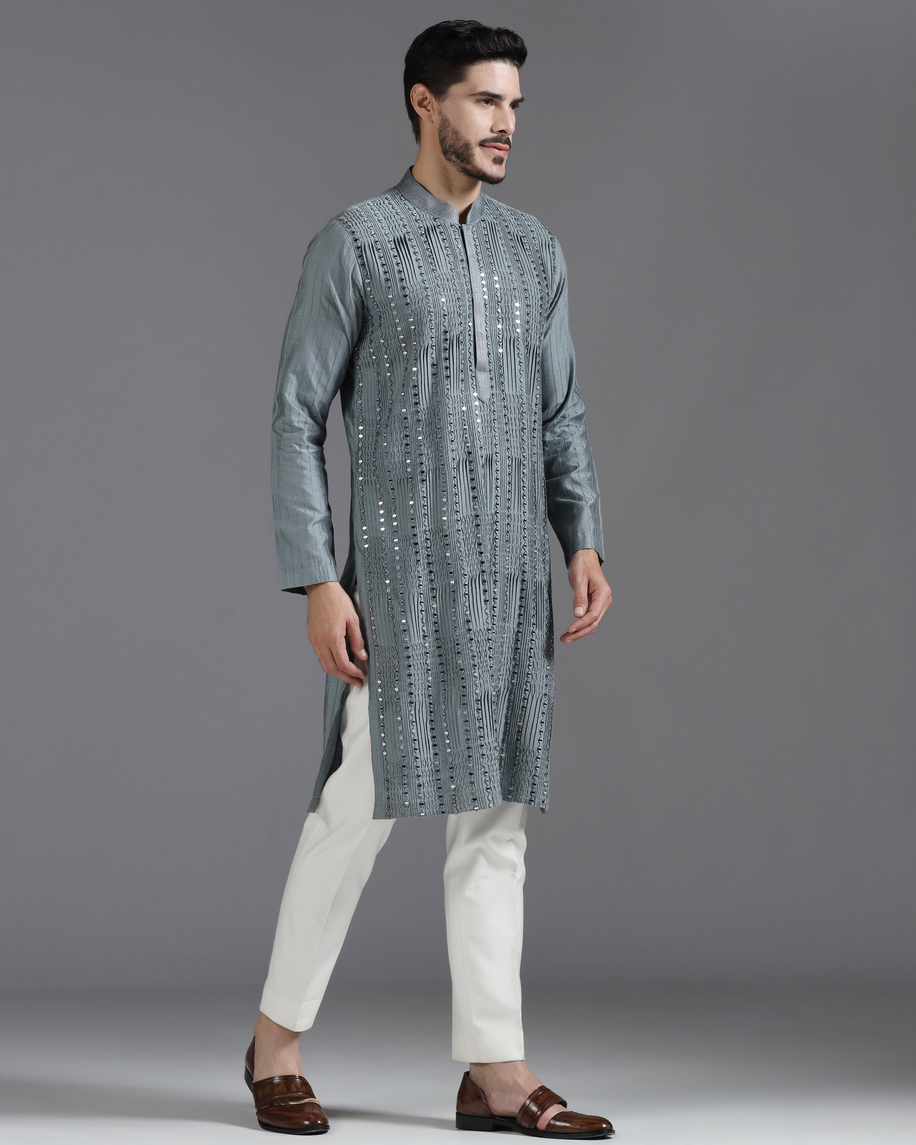 Grey Mirror Work Kurta Set