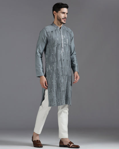Grey Mirror Work Kurta Set