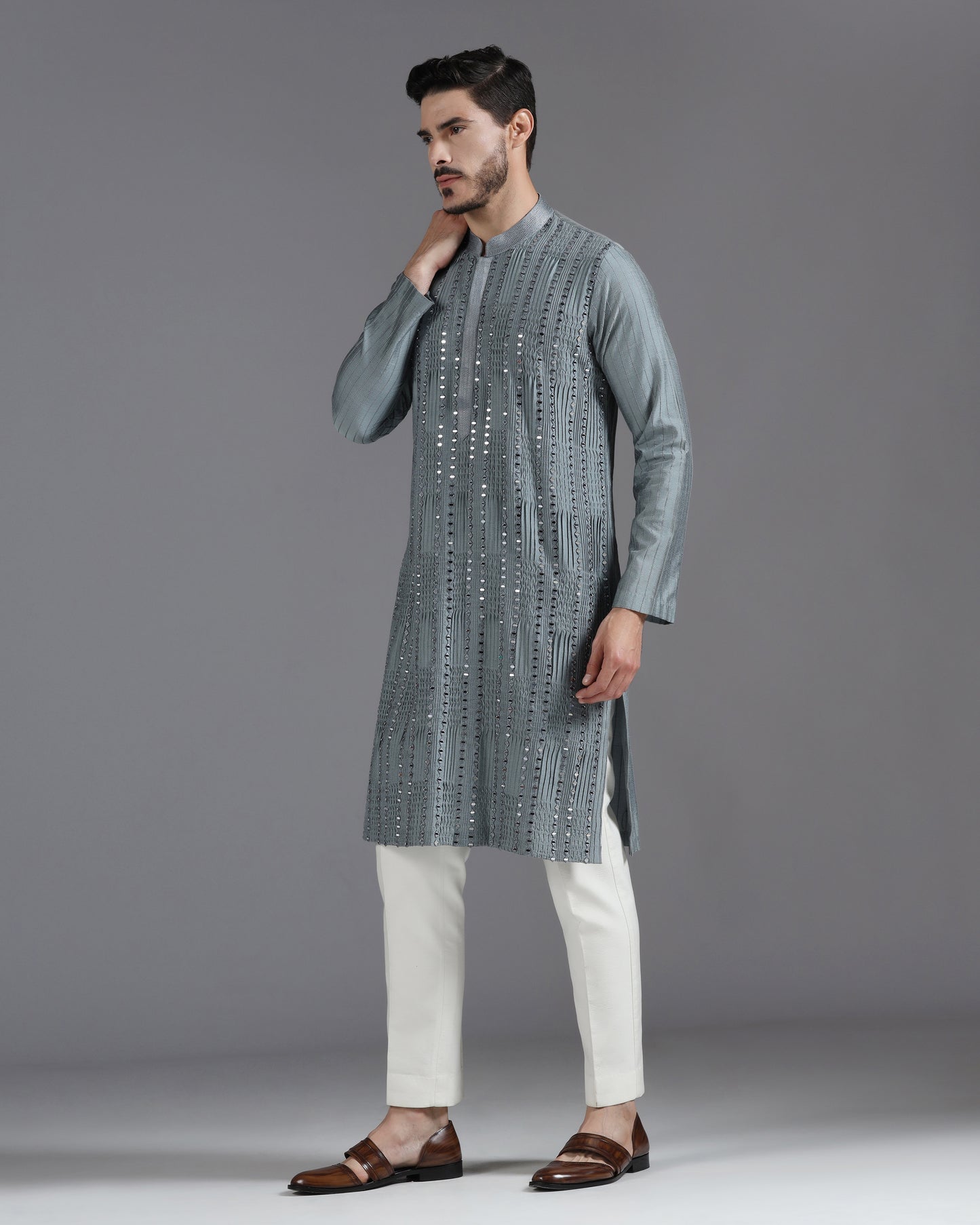 Grey Mirror Work Kurta Set