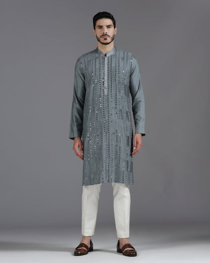 Grey Mirror Work Kurta Set