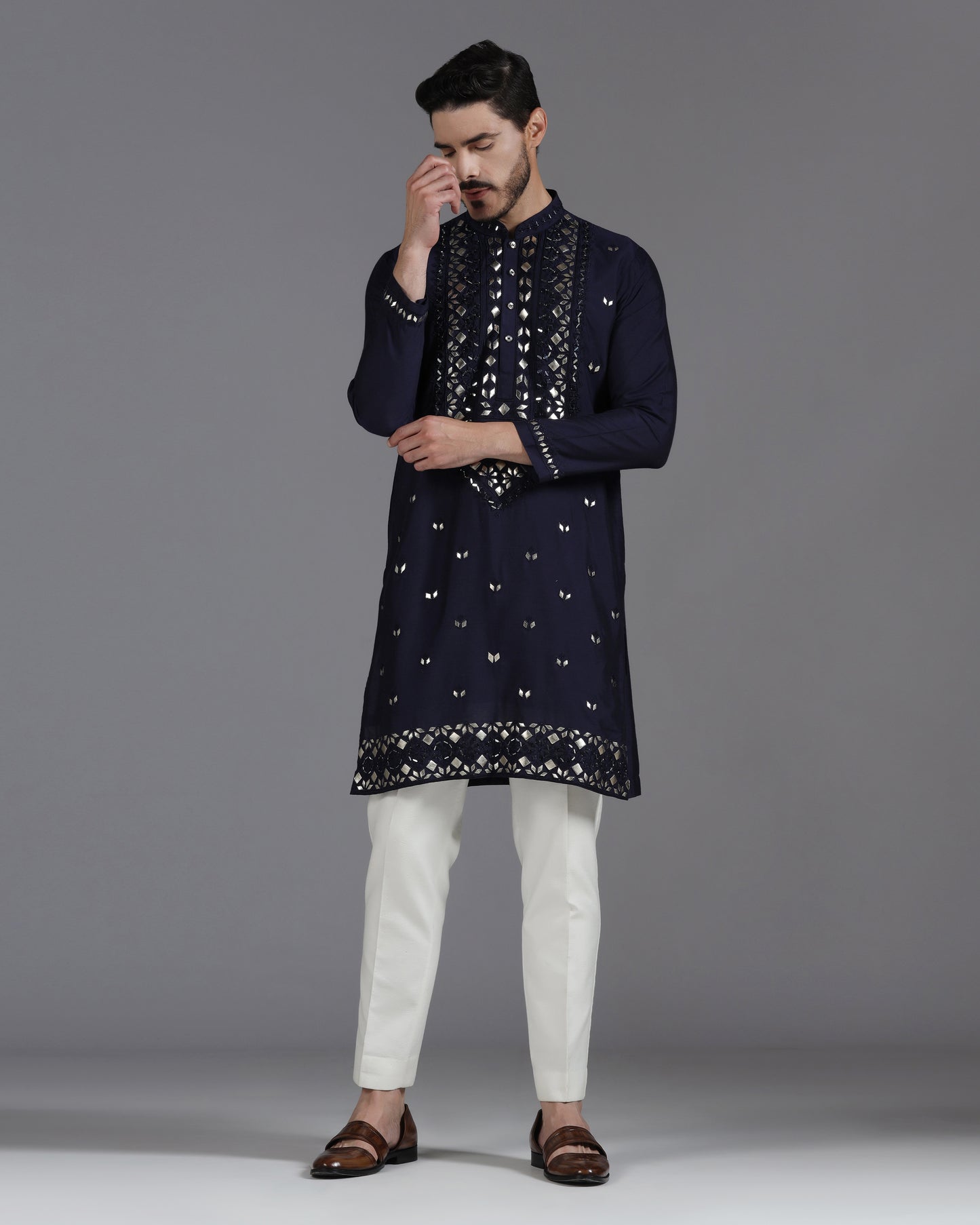 Navy blue mirror and leatherite embroidered kurta set | Bhavya Bhasin Couture
