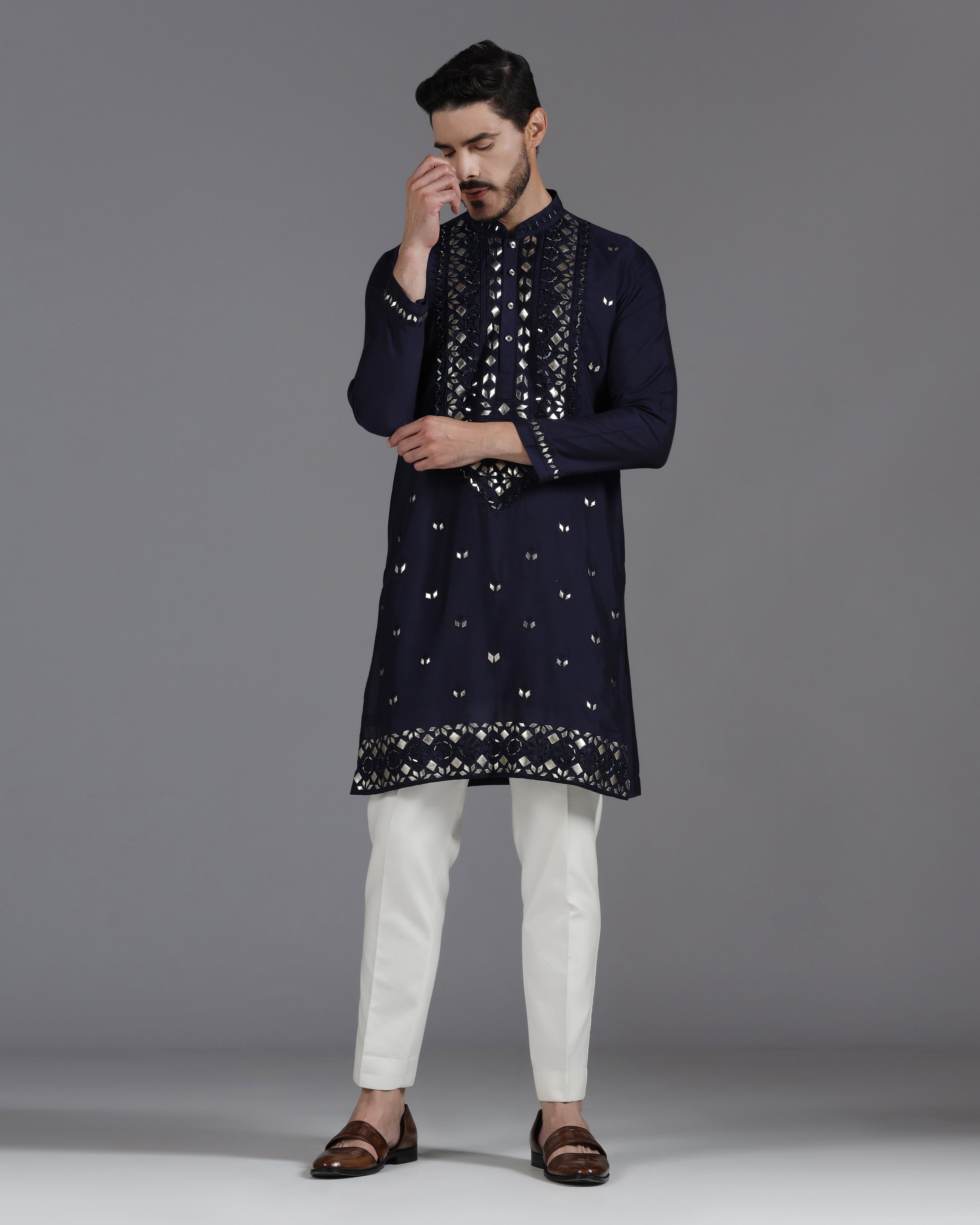 Navy Blue Mirror & Leathrite Embroidered Kurta Set