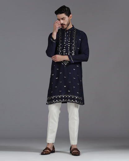 Navy blue mirror and leatherite embroidered kurta set | Bhavya Bhasin Couture