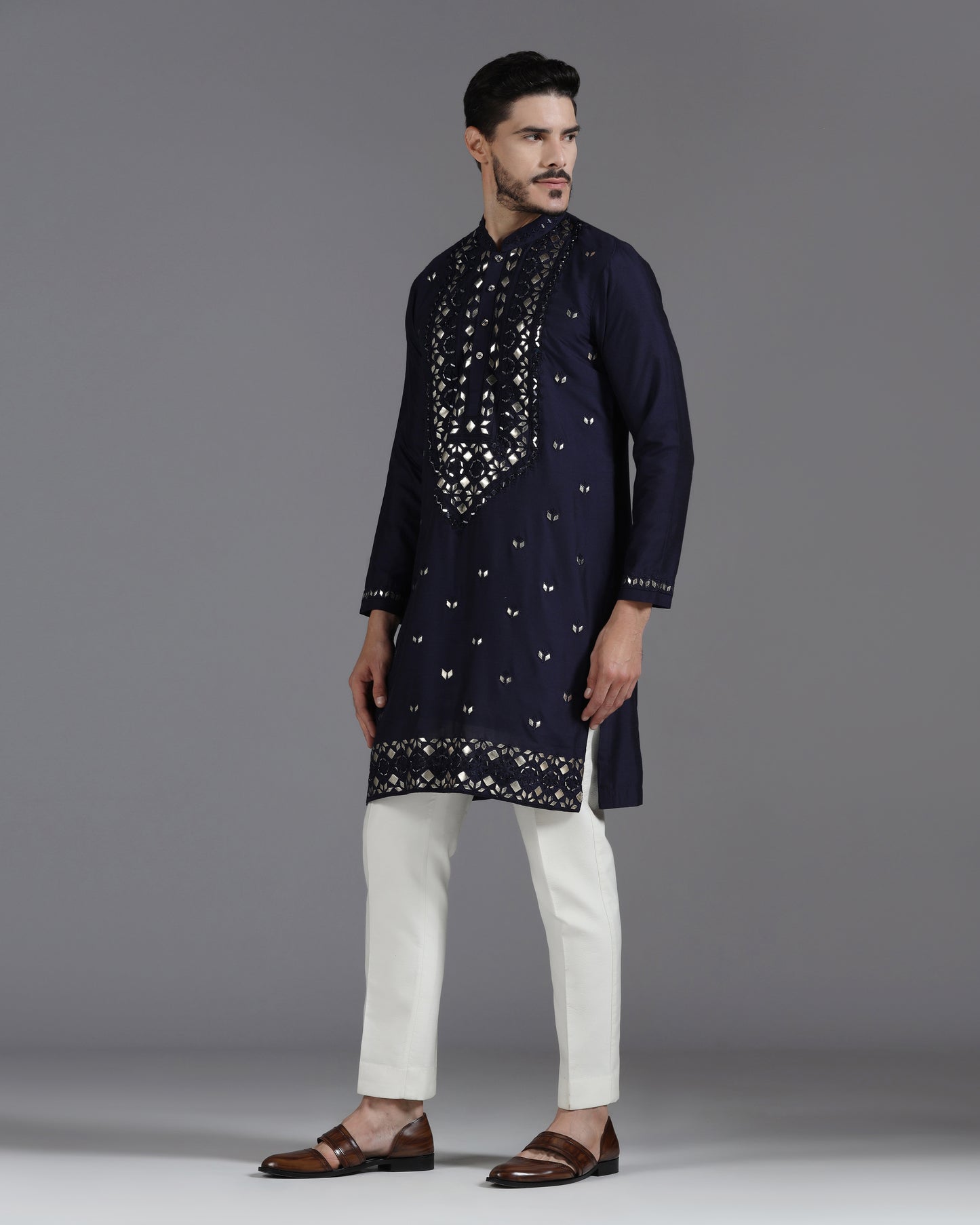 Navy Blue Mirror & Leathrite Embroidered Kurta Set