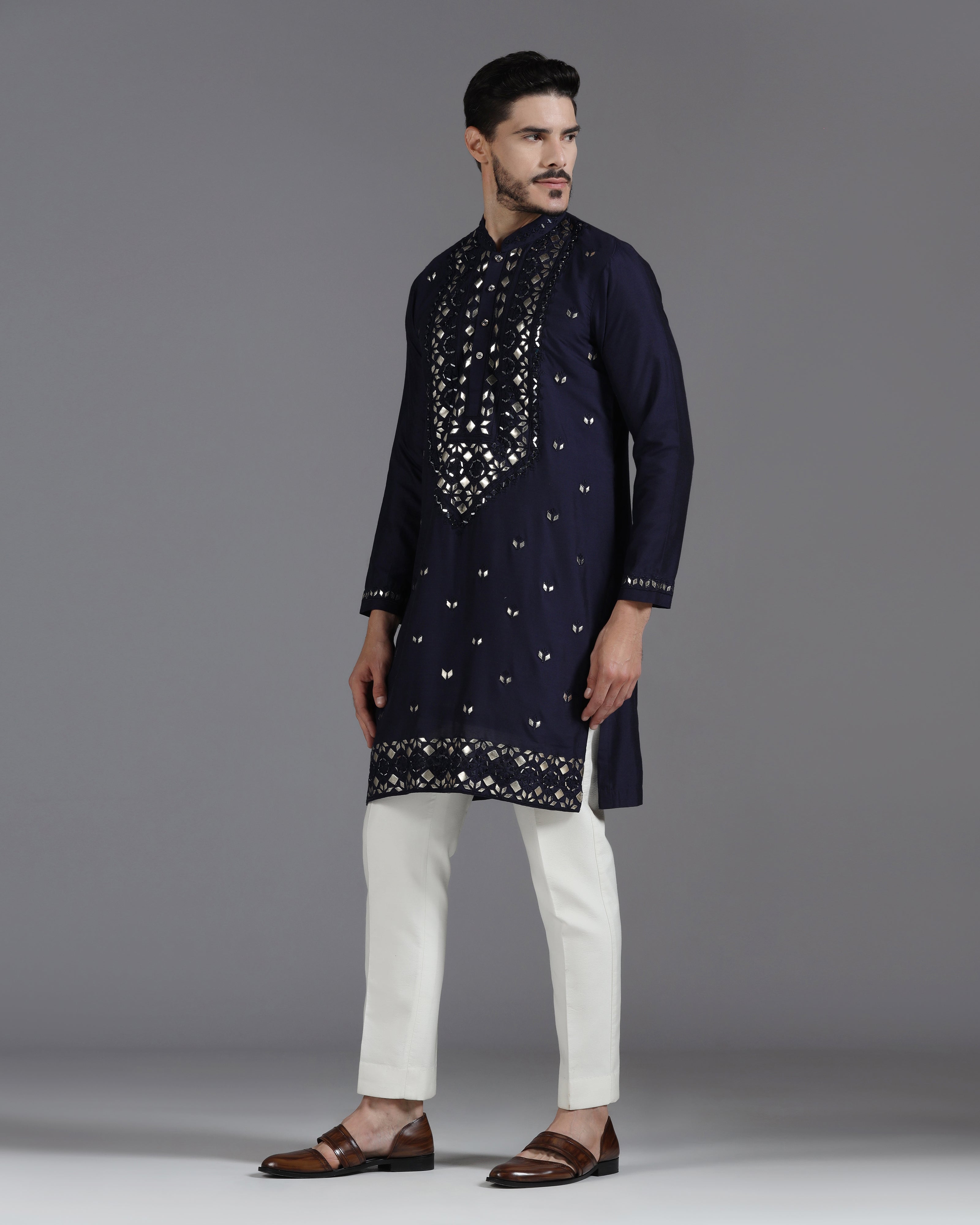 Navy Blue Mirror & Leathrite Embroidered Kurta Set