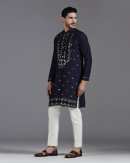 Navy Blue Mirror & Leathrite Embroidered Kurta Set
