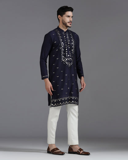 Navy Blue Mirror & Leathrite Embroidered Kurta Set